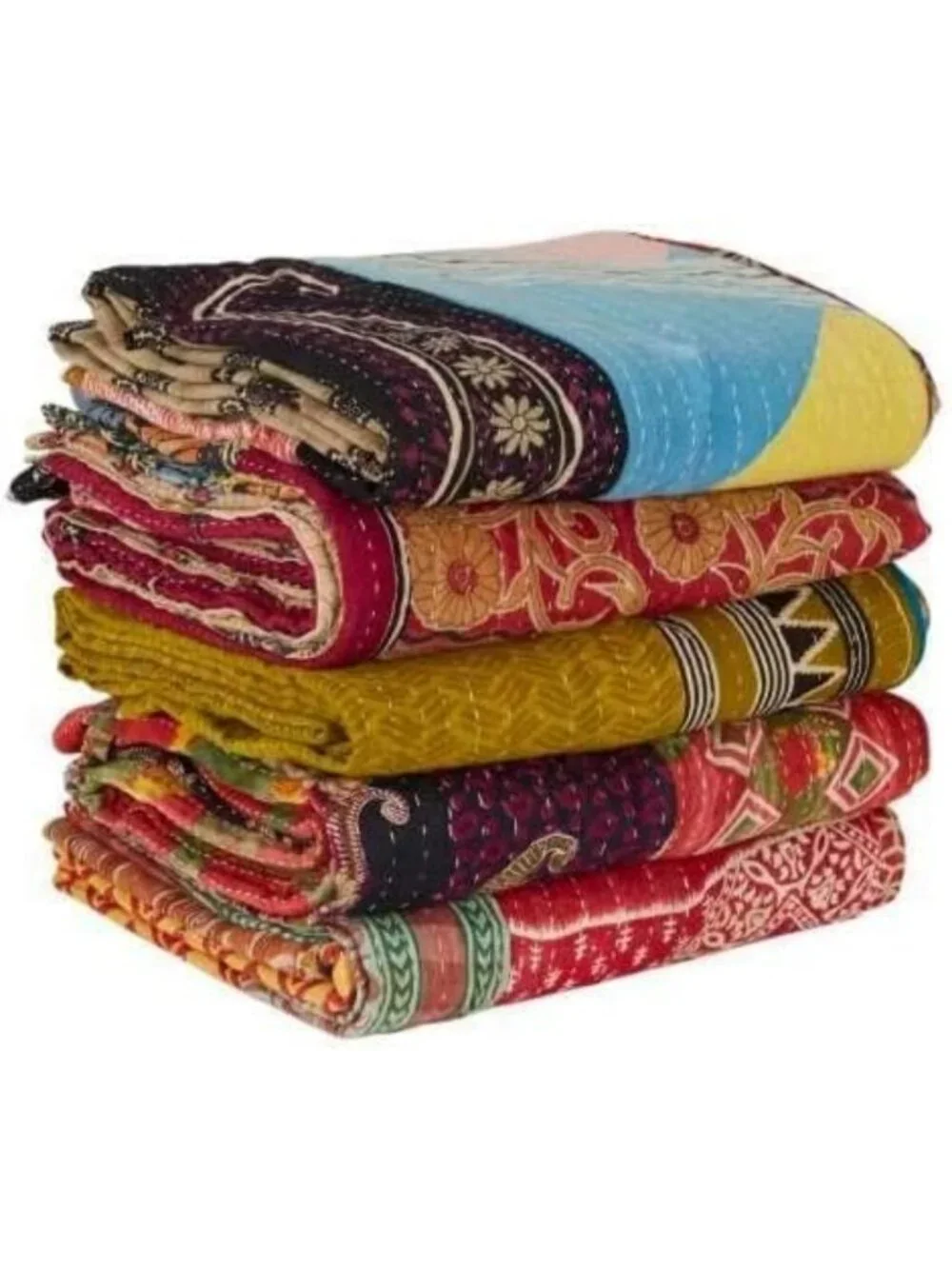 Handmade Vintage Kantha Quilt - Boho Bedding Throw Blanket, Old Saree Bedspread